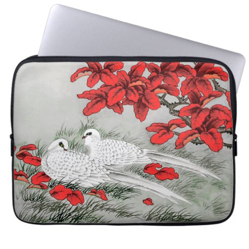 Vintage White Doves and Red Leaves on Gray Laptop Sleeve