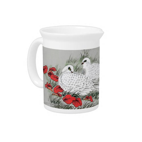 Vintage White Doves and Red Leaves on Gray Pitcher