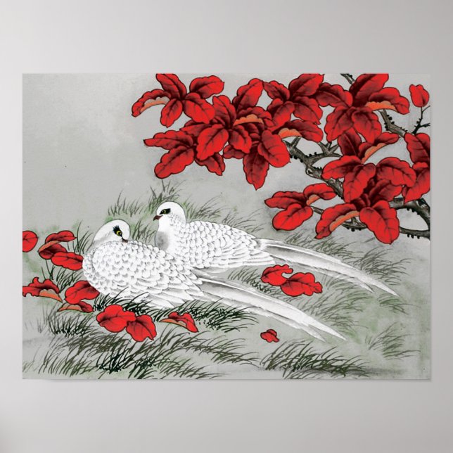 Vintage White Doves and Red Leaves on Gray Poster (Front)