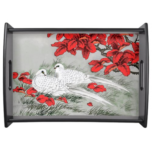 Vintage White Doves and Red Leaves on Gray Serving Tray