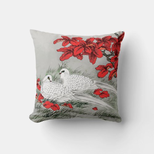 Vintage White Doves and Red Leaves on Gray Throw Pillow