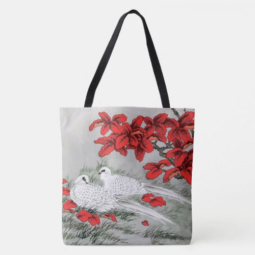 Vintage White Doves and Red Leaves on Gray Tote Bag