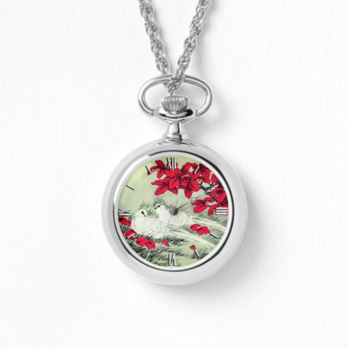 Vintage White Doves and Red Leaves on Gray    Watch