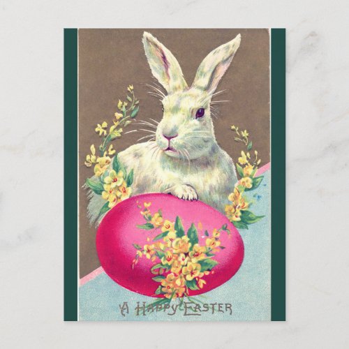 Vintage White Easter Bunny With Bright Pink Egg Postcard