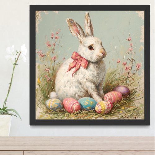Vintage white Easter rabbit with colored eggs Framed Art