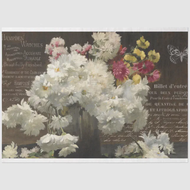 Vintage White Floral and Ephemera Decoupage Tissue Paper | Zazzle
