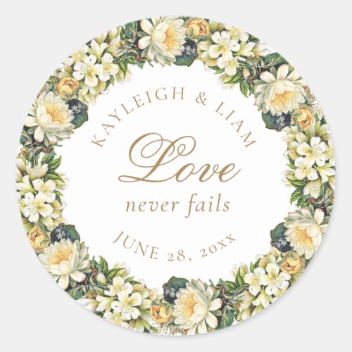 Vintage White Floral Bible Verse Wedding Classic Round Sticker