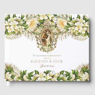 Vintage White Floral Catholic Wedding Guest Book