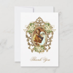 Vintage White Floral Catholic Wedding Photo Thank You Card