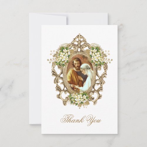 Vintage White Floral Catholic Wedding Photo Thank You Card