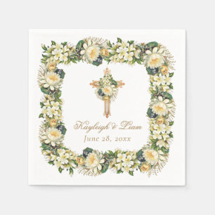 Vintage White Floral Cross Christian Wedding Napkins