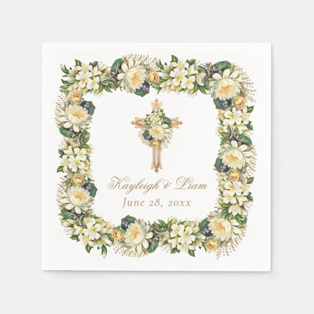 Vintage White Floral Cross Christian Wedding Napkins (Front)