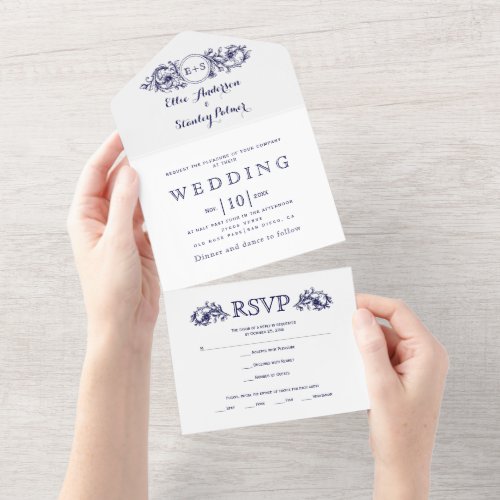 Vintage white floral frame navy blue wedding  all in one invitation