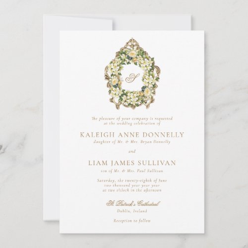 Vintage White Floral Gold Crest Monogram Wedding Invitation