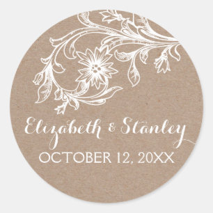 Vintage white floral kraft paper rustic wedding classic round sticker
