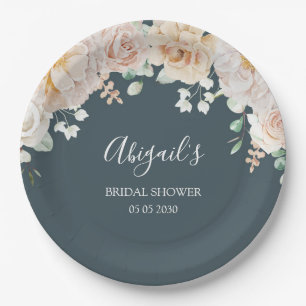 Vintage White Floral Navy Blue Bridal Shower Paper Plates