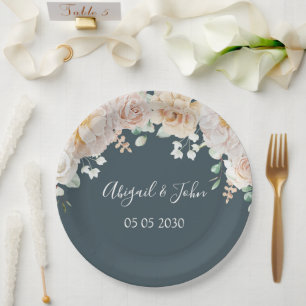 Vintage White Floral Navy Blue Wedding Paper Plates