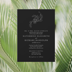 Vintage White Floral Outline Black Wedding Invitation