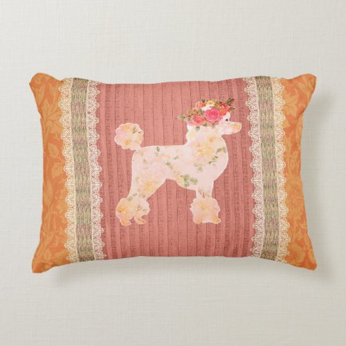 Vintage White Floral Poodle With Roses  Accent Pillow