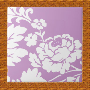 Vintage White Floral Silhouette on Lavender Ceramic Tile