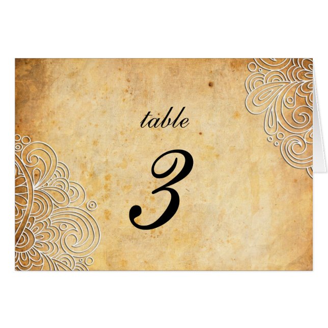 Vintage White Floral Swirl Wedding Table Number (Front Horizontal)