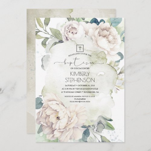 Vintage White Flowers and Greenery Baptism Invitation