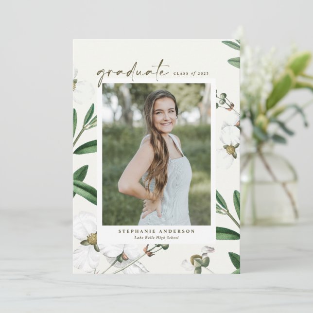 Vintage White Flowers Botanical Photo Graduation Announcement (Standing Front)