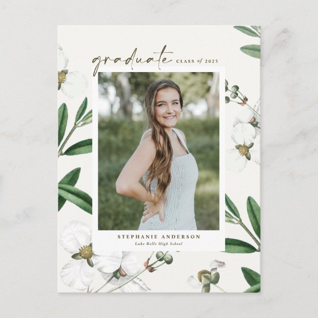Vintage White Flowers Botanical Photo Graduation Announcement Postcard (Front)
