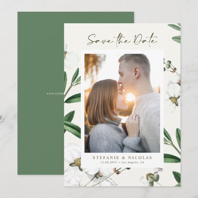 Vintage White Flowers Botanical Photo Save The Date (Front/Back)