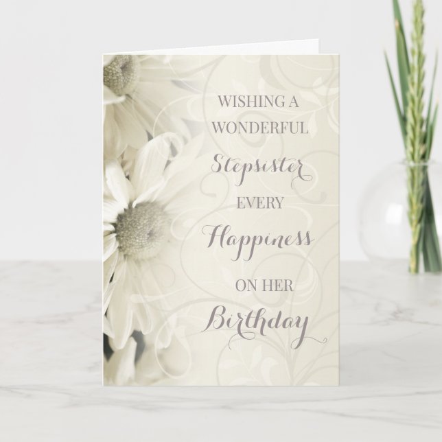 Vintage White Flowers Stepsister Birthday Card (Front)