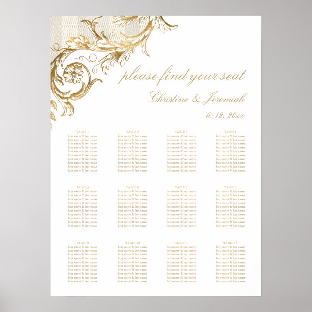 Vintage White Gold Damask Wedding Seating Poster (Front)