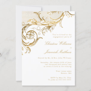 Vintage White Gold Floral Damask Engagement Party Invitation