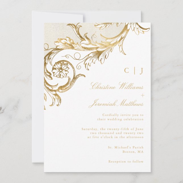 Vintage White Gold Floral Damask Monogram Wedding Invitation (Front)