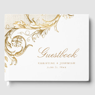 Vintage White Gold Floral Damask Script Wedding Guest Book