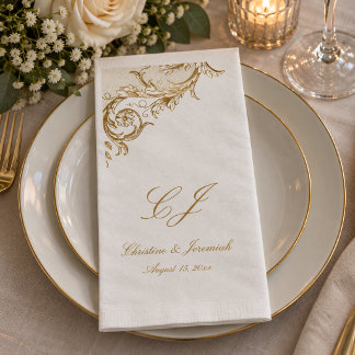 Vintage White Gold Floral Damask Script Wedding Paper Guest Towels