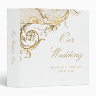 Vintage White Gold Floral Damask Wedding 3 Ring Binder