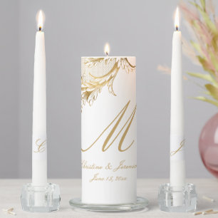 Vintage White Gold Floral Damask Wedding Unity Candle Set