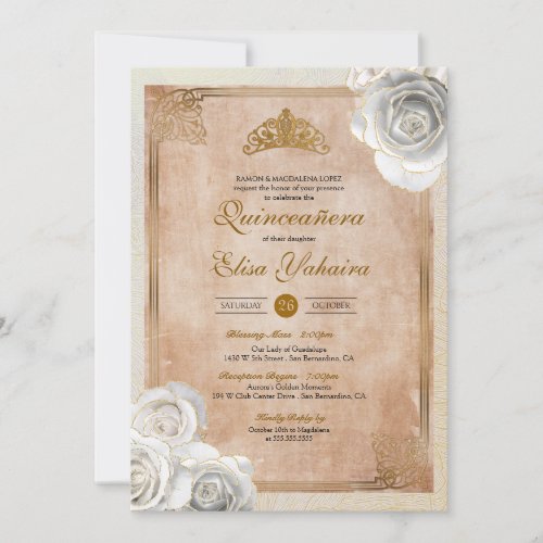 Vintage White  Gold Roses Royal Quinceanera Invitation