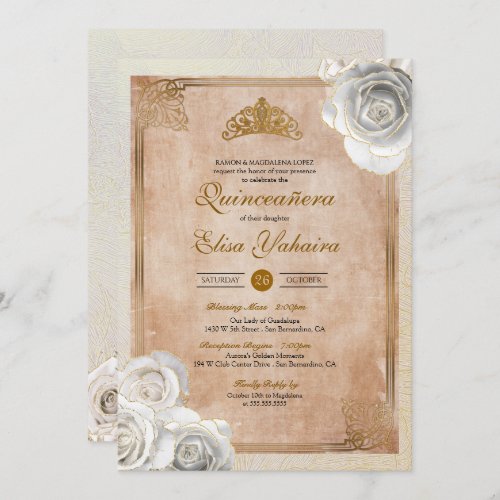 Vintage White  Gold Roses Royal Quinceanera Invitation