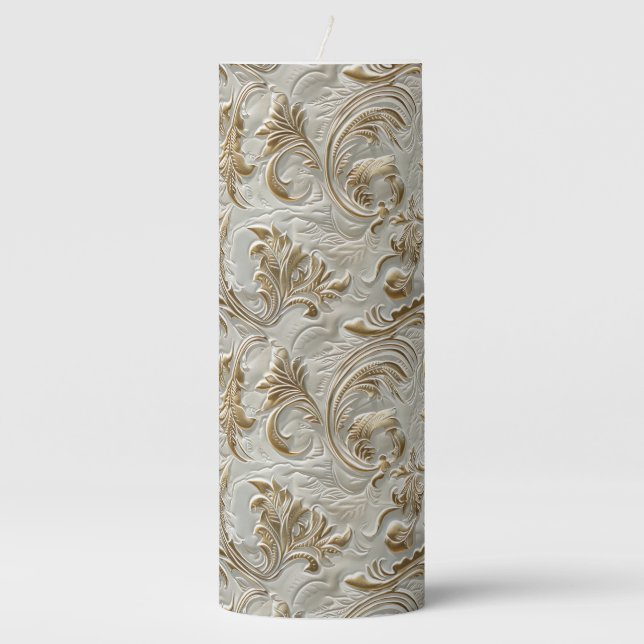 Vintage white gold tooled leather pillar candle (Front)