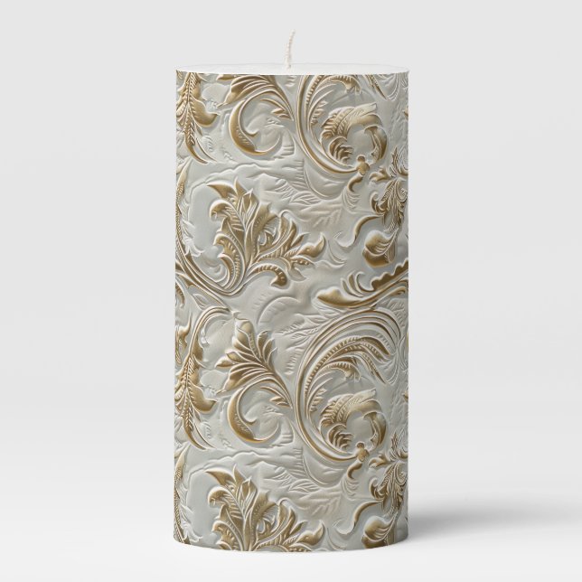 Vintage white gold tooled leather pillar candle (Front)