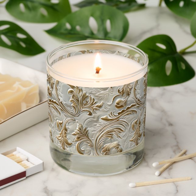 Vintage white gold tooled leather scented candle (Lit)