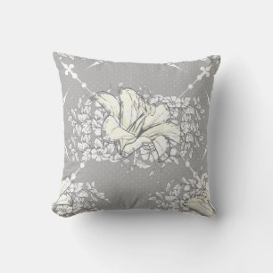 Vintage White & Gray Fleur de Lis Pattern Floral Throw Pillow