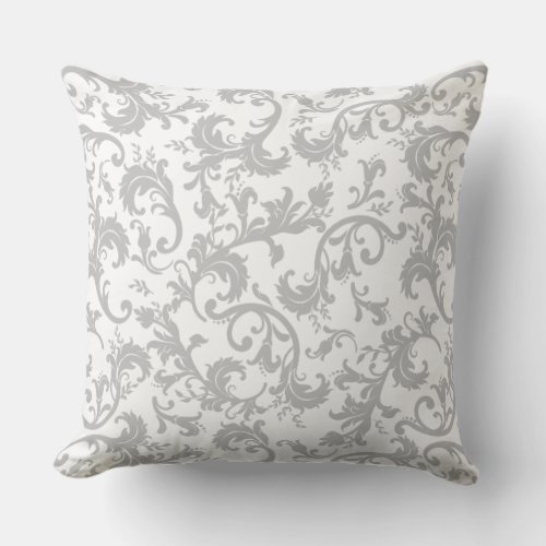 Vintage White Gray Floral Damask Throw Pillow