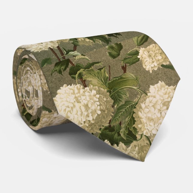 Vintage White Hydrangeas on Neutral Grey Neck Tie (Rolled)