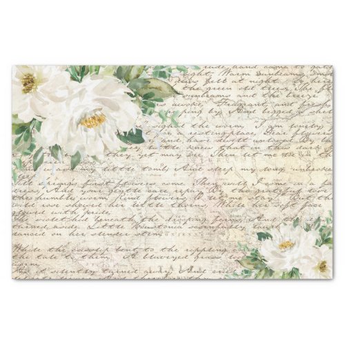 Vintage White Ivory Floral Old Letter Decoupage Tissue Paper