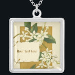 Vintage white jasmine flowers silver necklace<br><div class="desc">White jasmine flowers with green leaves vintage watercolor drawing silver necklace,  featuring a watercolor drawing of white jasmine flowers and a pinned note on brown and ivory background. A new approach to a vintage design.</div>