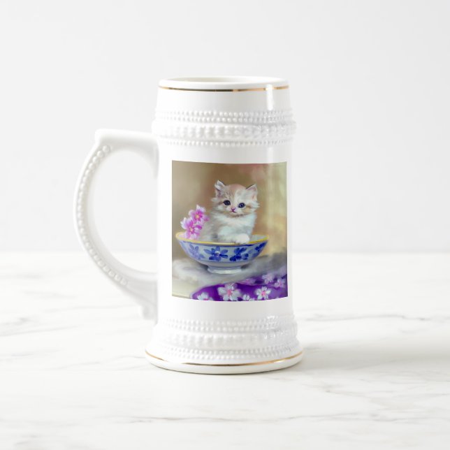 Vintage White Kitten Illustration Beer Stein (Left)