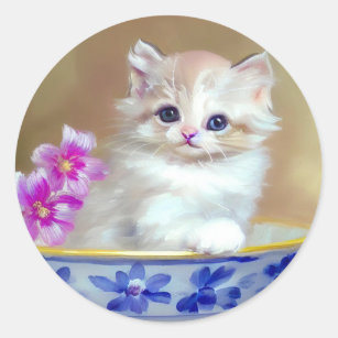 Vintage White Kitten Illustration Classic Round Sticker