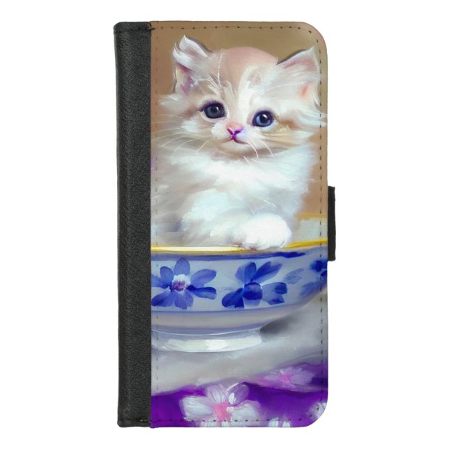 Vintage White Kitten Illustration iPhone Wallet Case (Front)